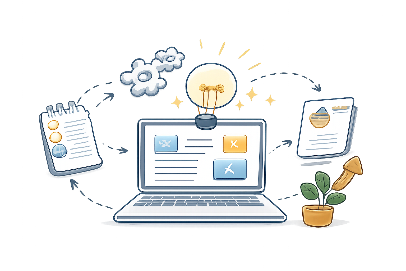 Illustration of a laptop with workflow elements and a glowing lightbulb
